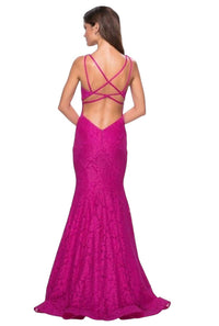 La Femme Strappy Low Back Lace Mermaid Gown in pink - women's dress - detail view