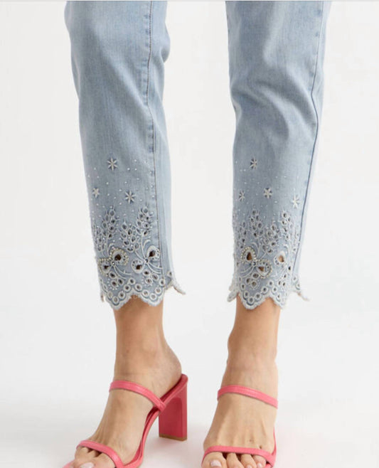 Orly - Button Front Jeans with Floral Cutouts and Bling