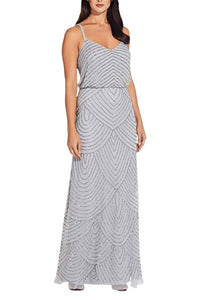 Adrianna Papell - Spaghetti Strap V-neck Blouson Embellished Mesh Dress