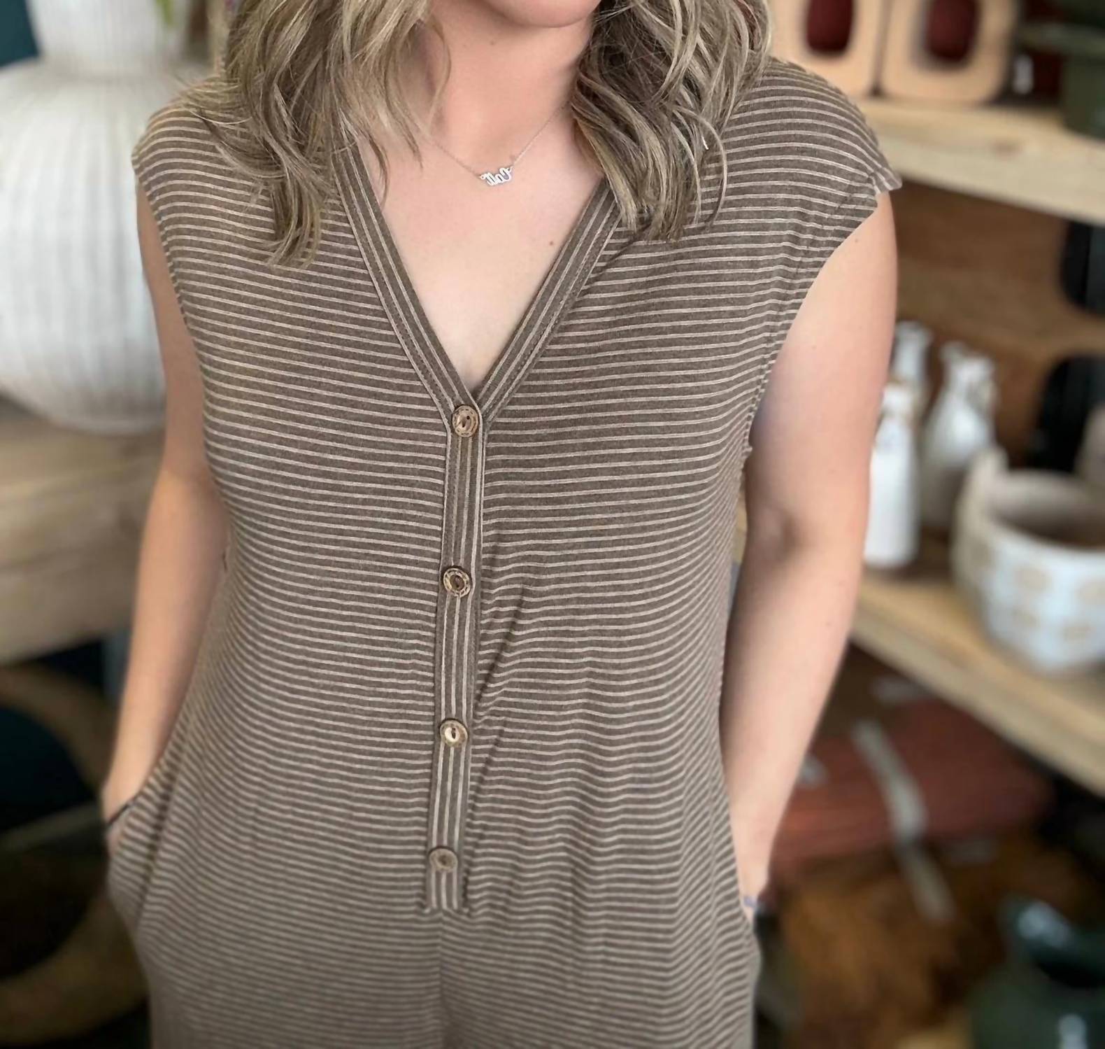 Very J - Striped Button Front Jumpsuit