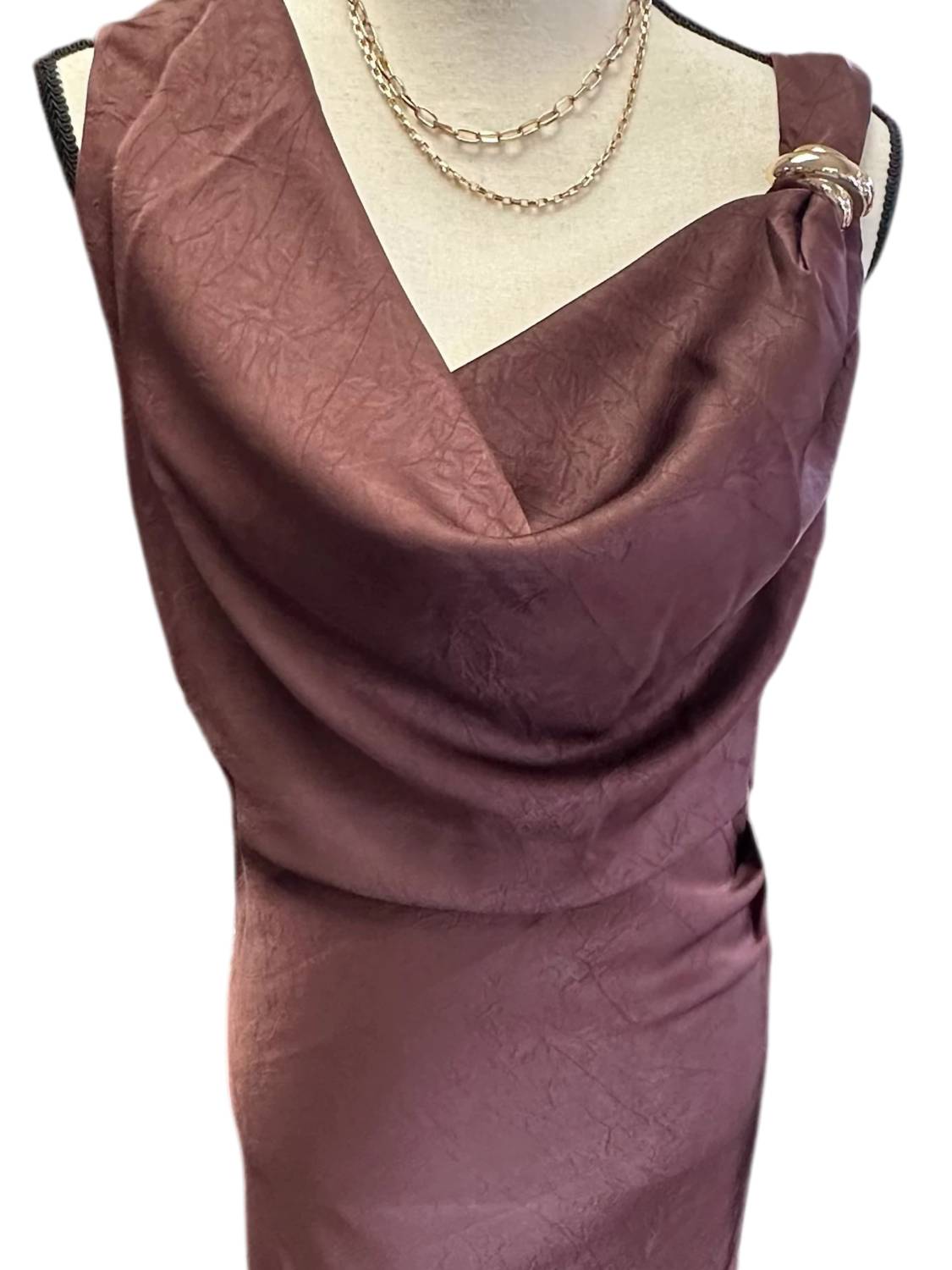 ALLIE ROSE Women's Satin Cowl Neck Dress in burgundy - women's dress - detail view