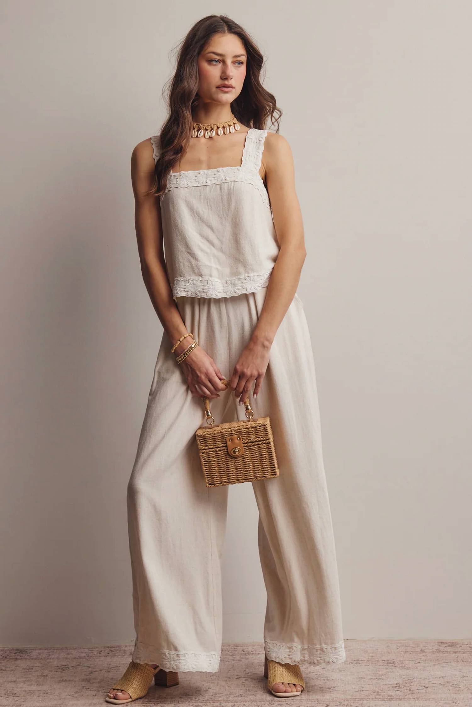 Forte - Embroidered Square-neck Tank & Pants Set