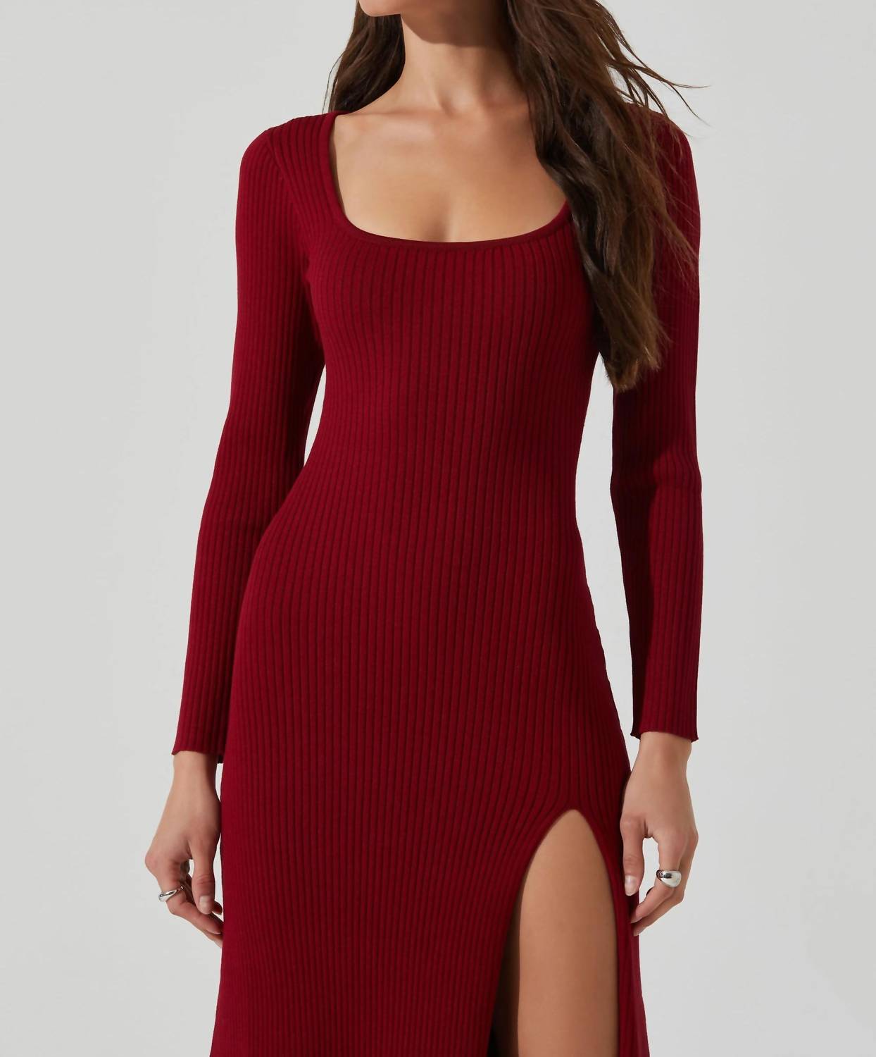 ASTR Long Sleeve Ribbed Sweater Dress in red cherry - women's dress - alternate view