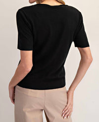 ee:some Round Neck Short Sleeve Sweater in black - women's sweater - detail view