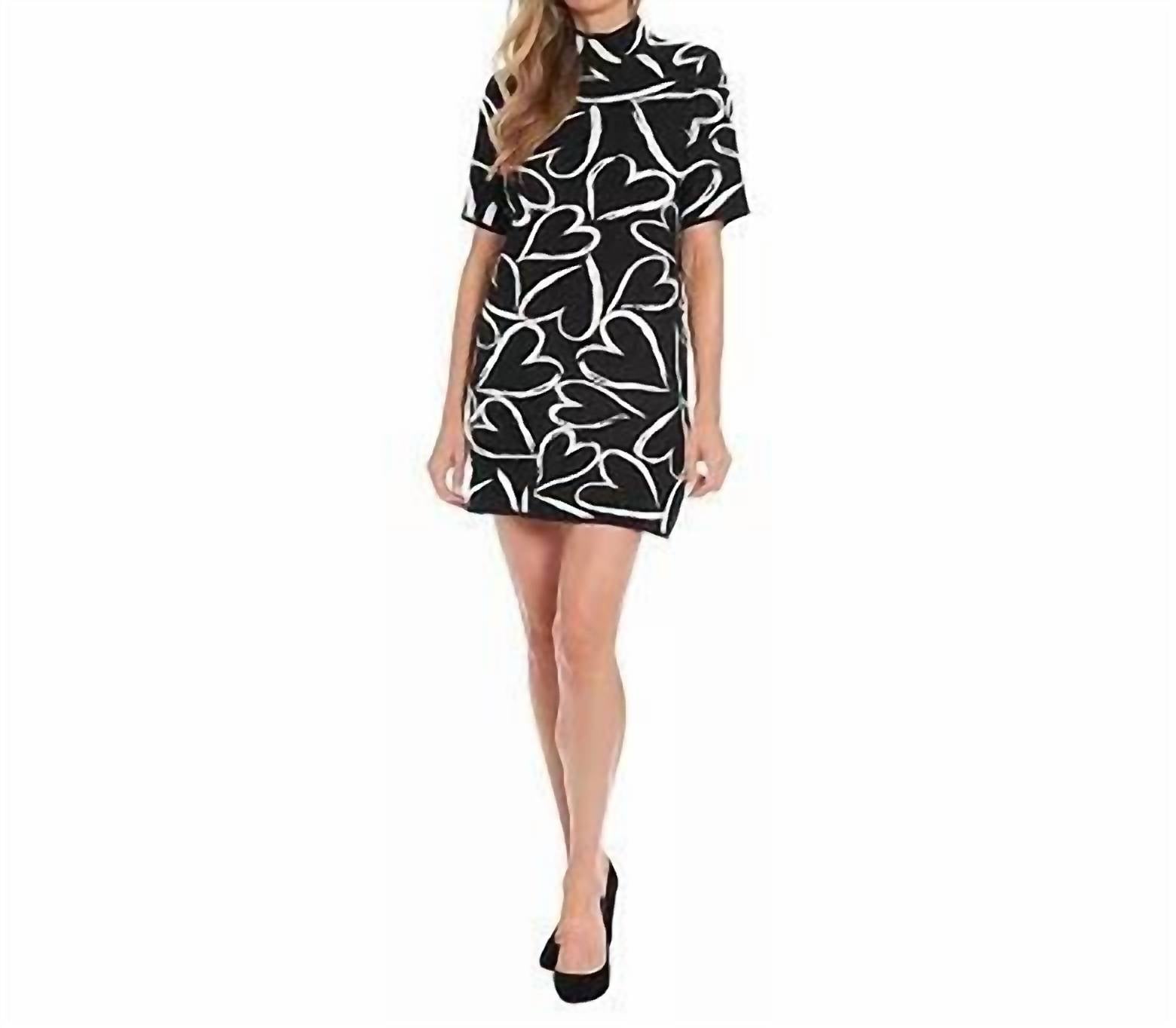 London Times - Heart Print Pullover Straight Hem Mini Sweater Dress