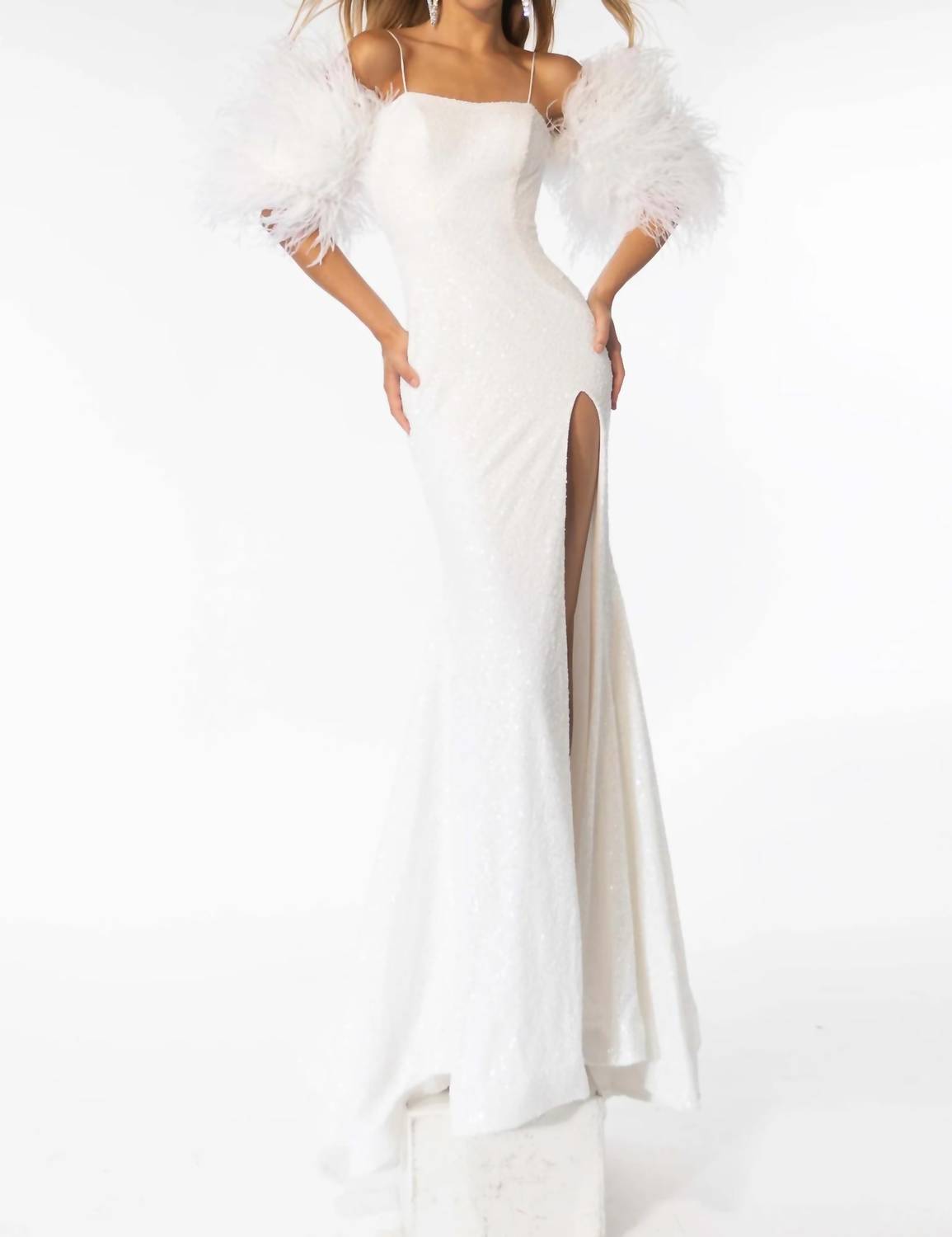 Ava Presley - Fitted Evening Gown With Feather Detailing