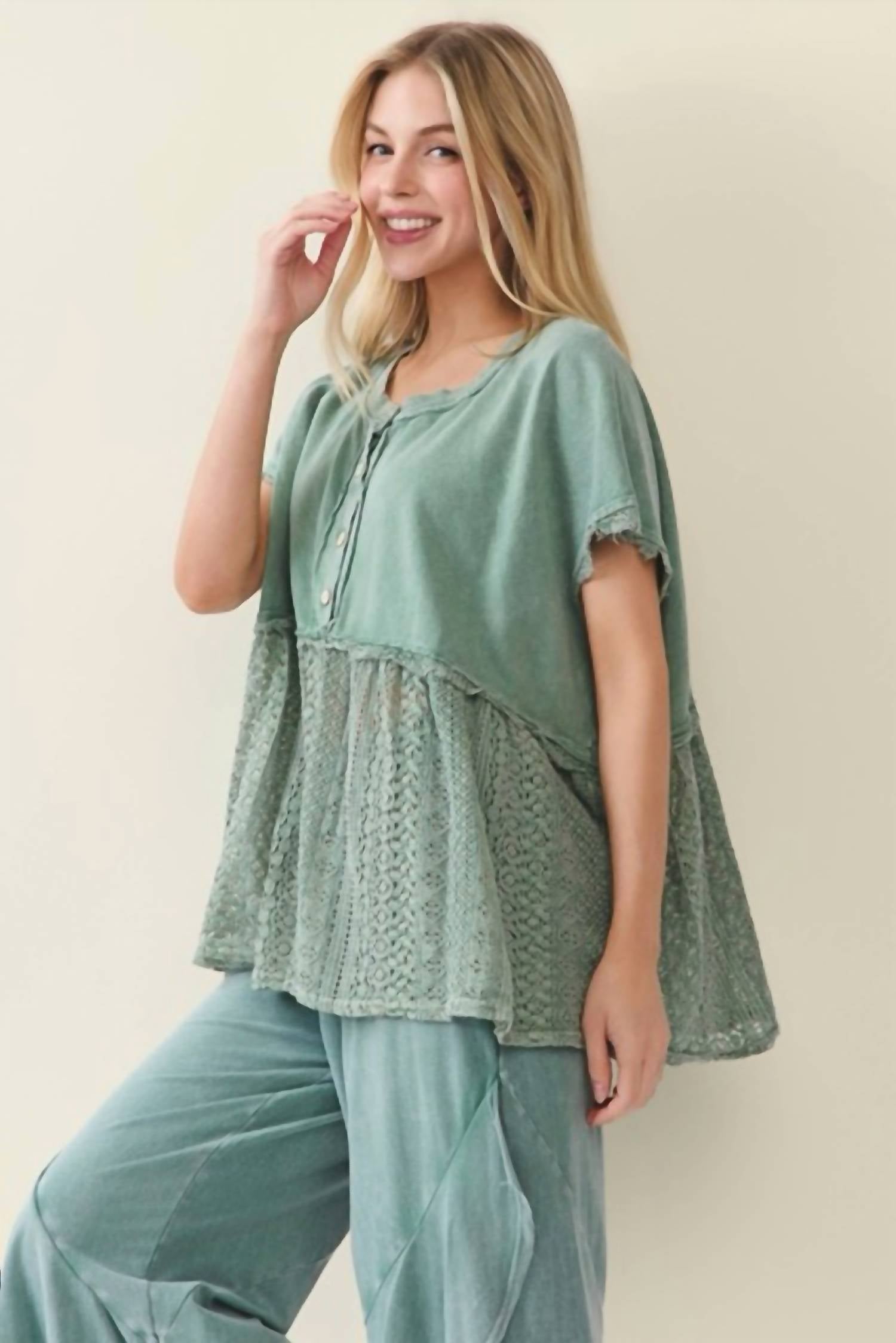 J.Her - Mineral Washed Lace Babydoll Blouse Top