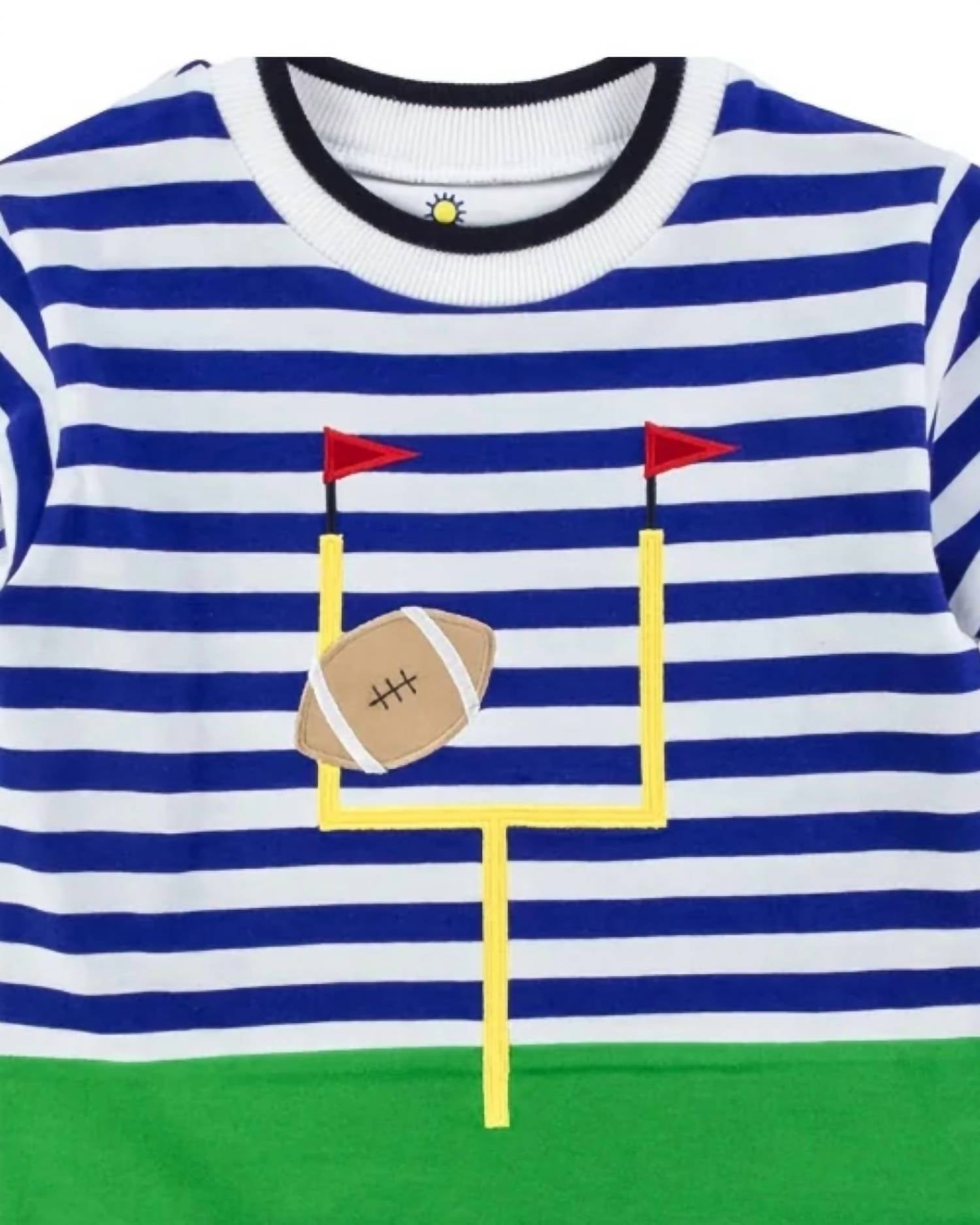 Florence Eiseman Kid's Stripe Knit Long Sleeve Football Goalpost Shirt in royal white - kids' long sleeve top - detail view