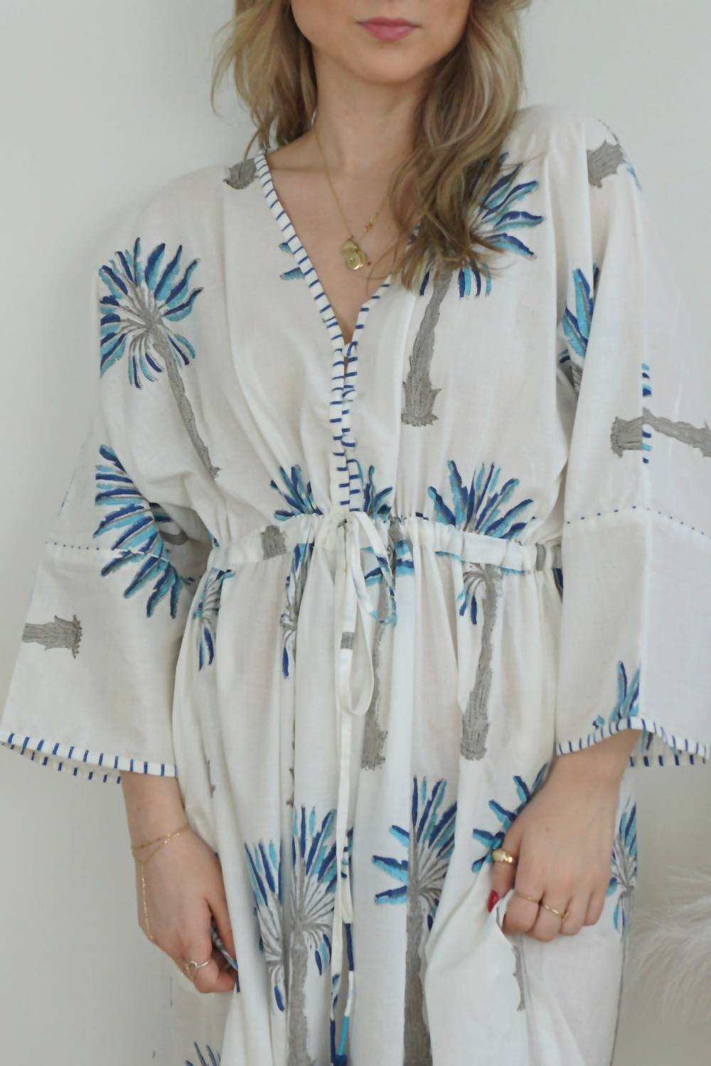NIBI MTK Rio Kaftan Dress in blue palms - women's dress - alternate view