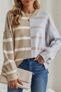 Shewin - Striped Color Block Drop Shoulder Sweater