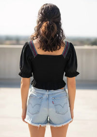 Savanna Jane - Smocked Crop Top With Colorful Embroidered Front