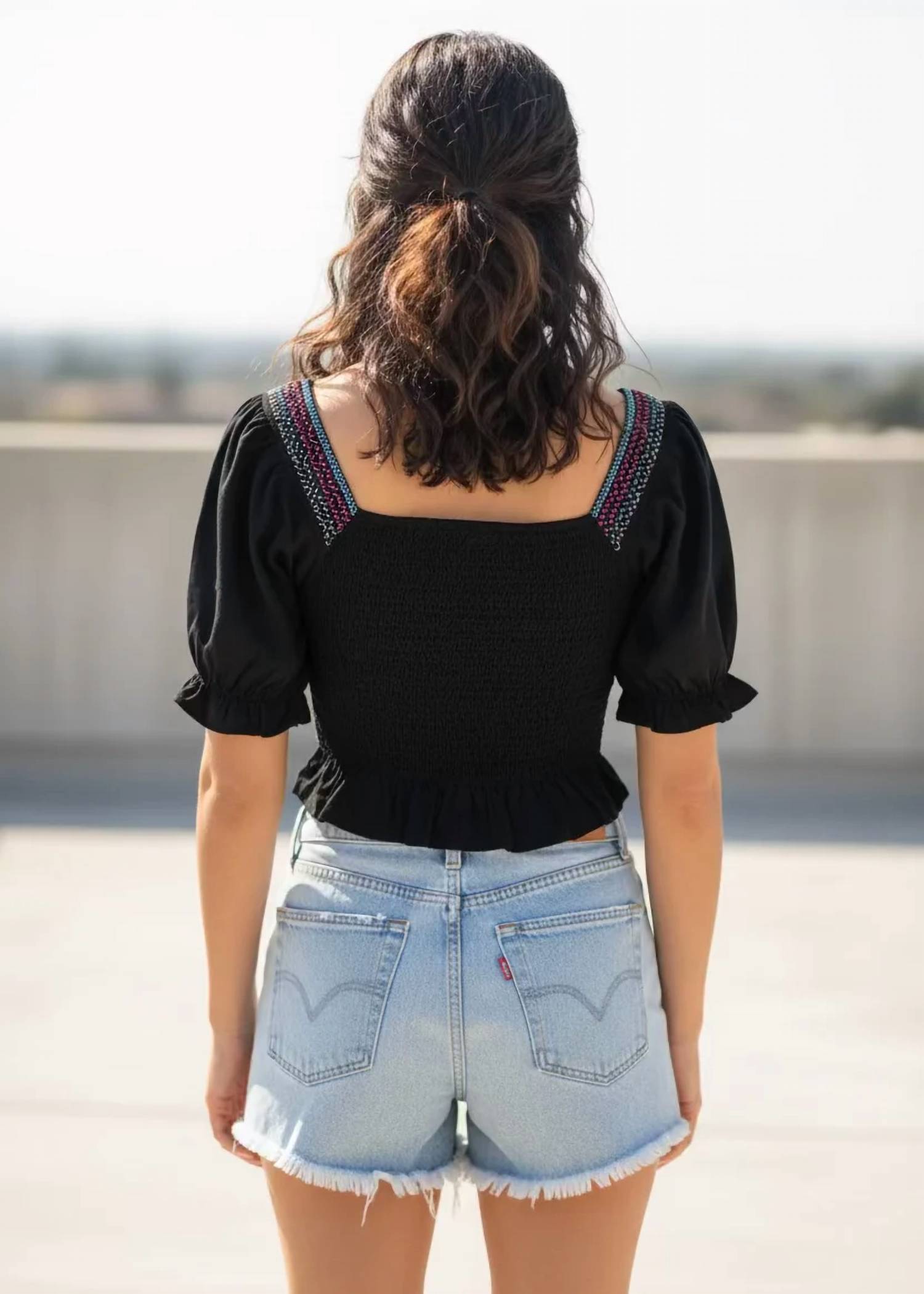 Savanna Jane - Smocked Crop Top With Colorful Embroidered Front