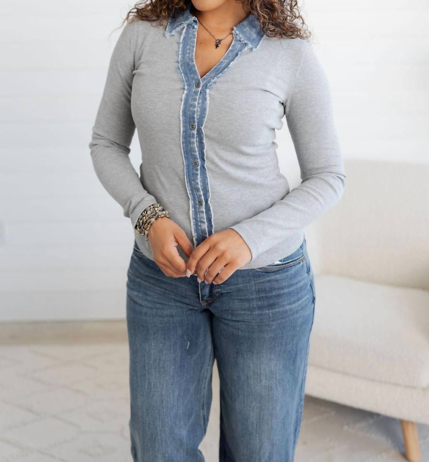 Mystree - Collared Washed Thermal Button Down Top