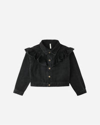 Rylee + Cru Girls' Ruffle Denim Jacket in washed black 1 - kids' jacket