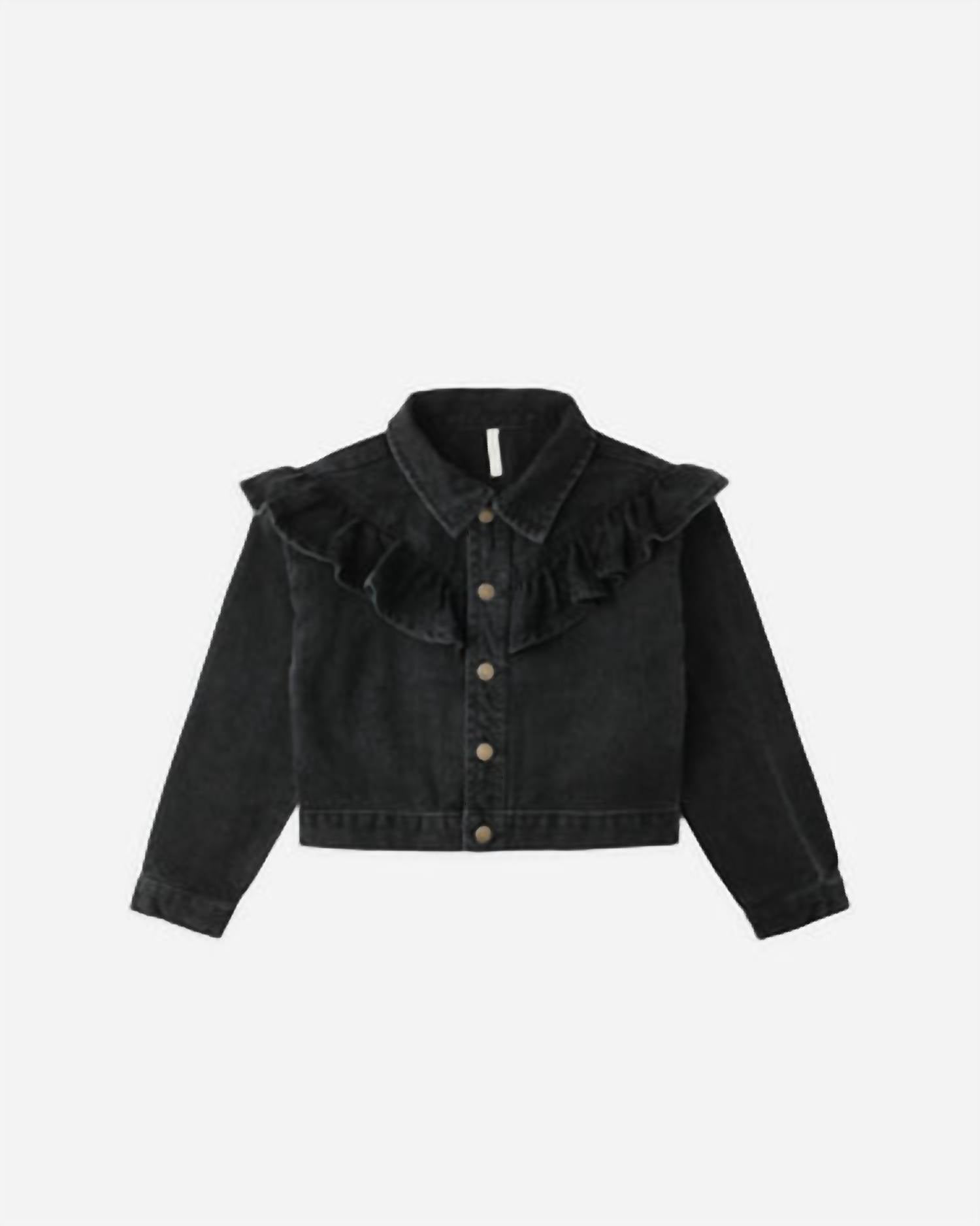 Rylee + Cru Girls' Ruffle Denim Jacket in washed black 1 - kids' jacket