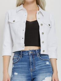 RISEN Shirring Sleeve Cropped Denim Jacket in white - women's jacket - detail view
