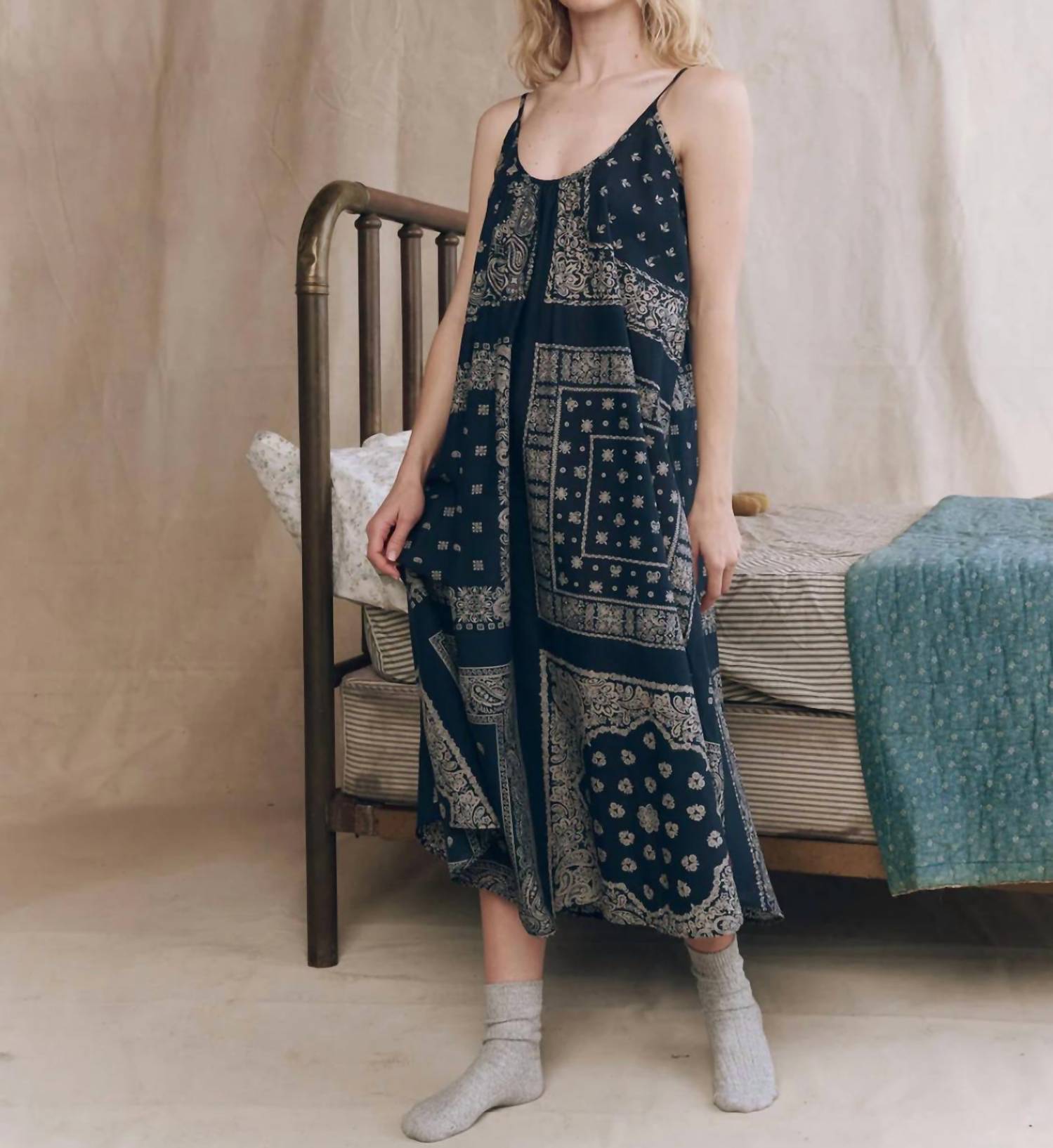 THE GREAT. Slip Sleep Midi Dress in bandana patchwork - women's dress - view 4