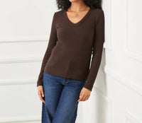 Karen Kane Long Sleeve Ribbed V-Neck Top in brown - women's long sleeve top - view 4