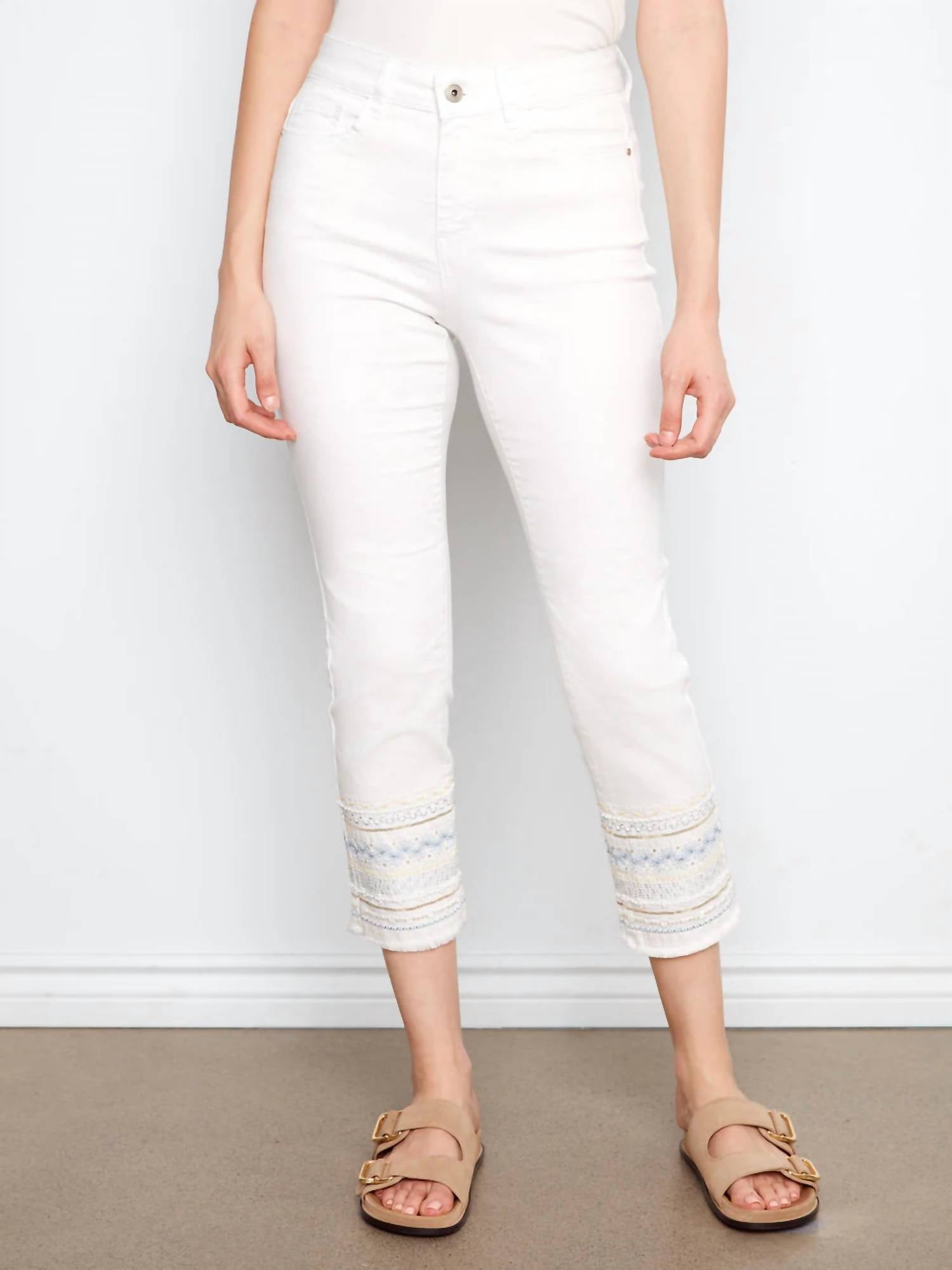 CHARLIE B Embroidered Cuff Jeans in white - women's jeans - view 6