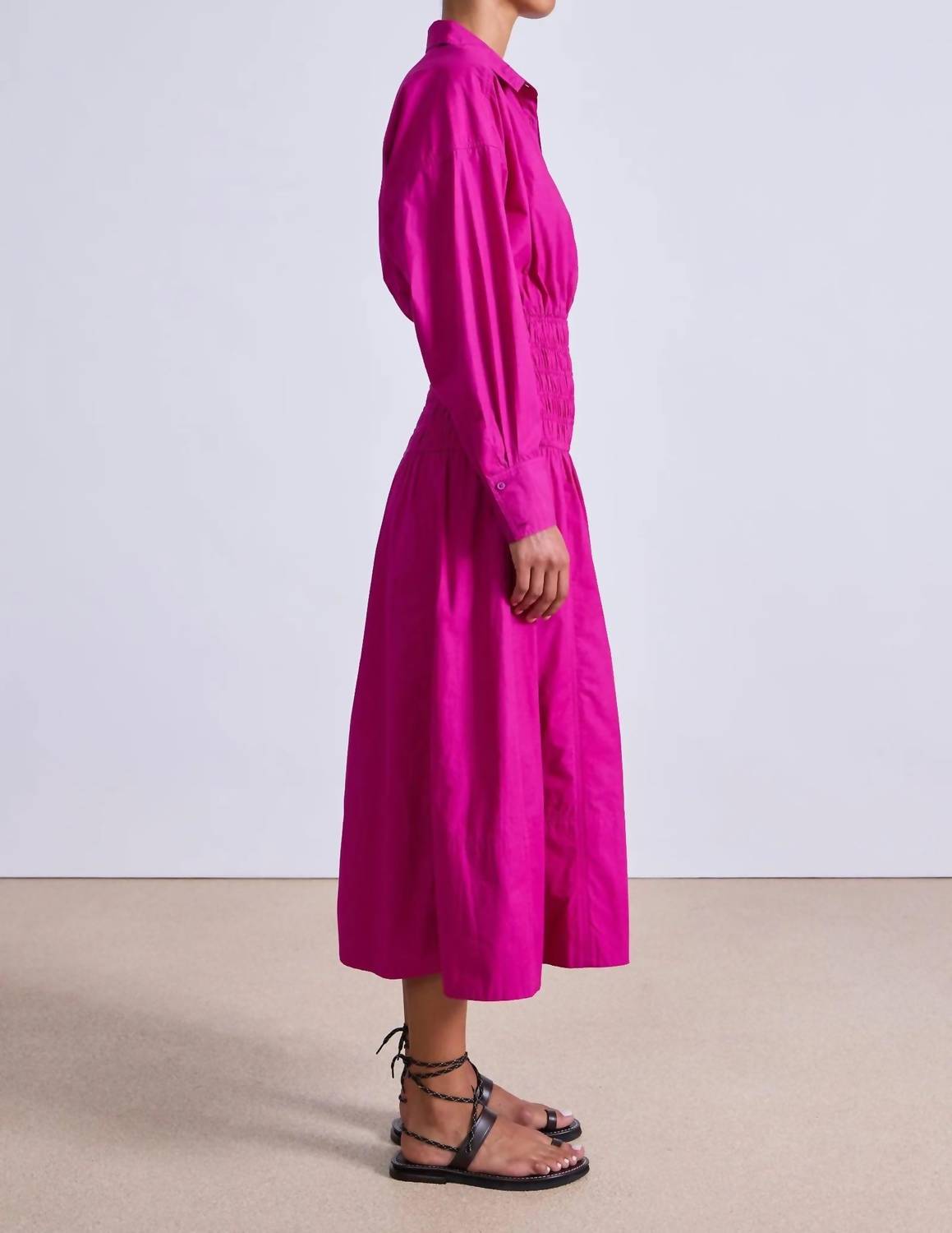 APIECE APART Sophia Smocked Shirt Midi Dress in fuchsia - women's dress - detail view