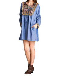 Velzera - Fringe Geometric Chambray Mini Dress