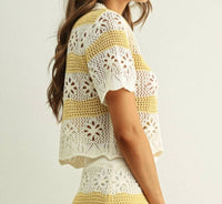 Miou Muse - Floral Crochet Knit Button Front Top