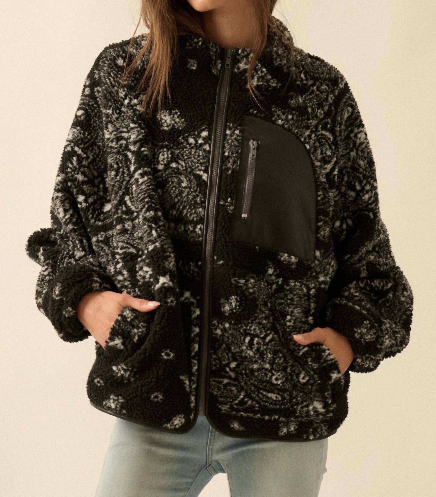 PROMESA Chasing Dreams Paisley-print Fleece Zip-up Jacket in black - women's jacket
