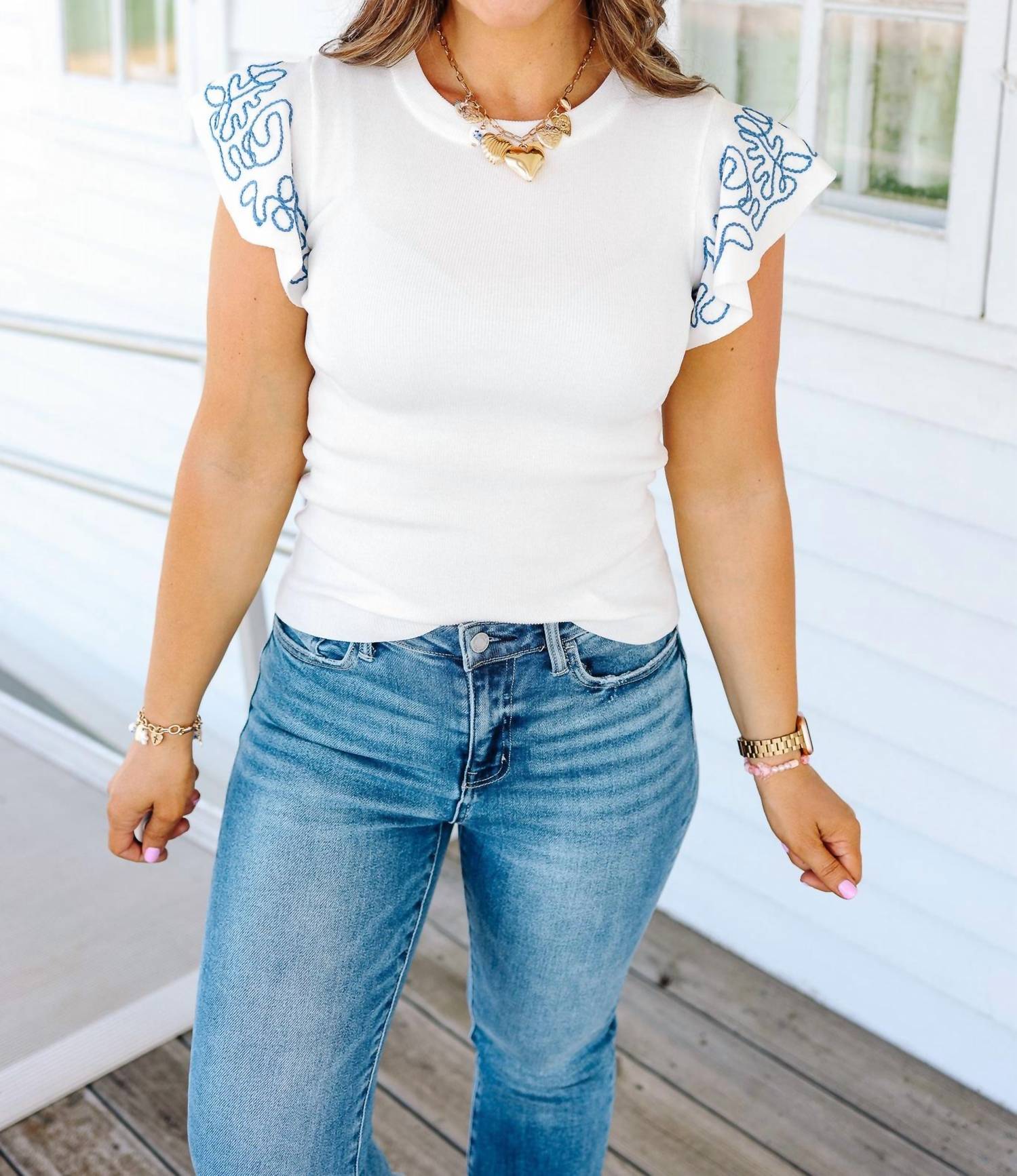 Hem & Thread - EMBROIDERED RUFFLE SLEEVE SWEATER TOP