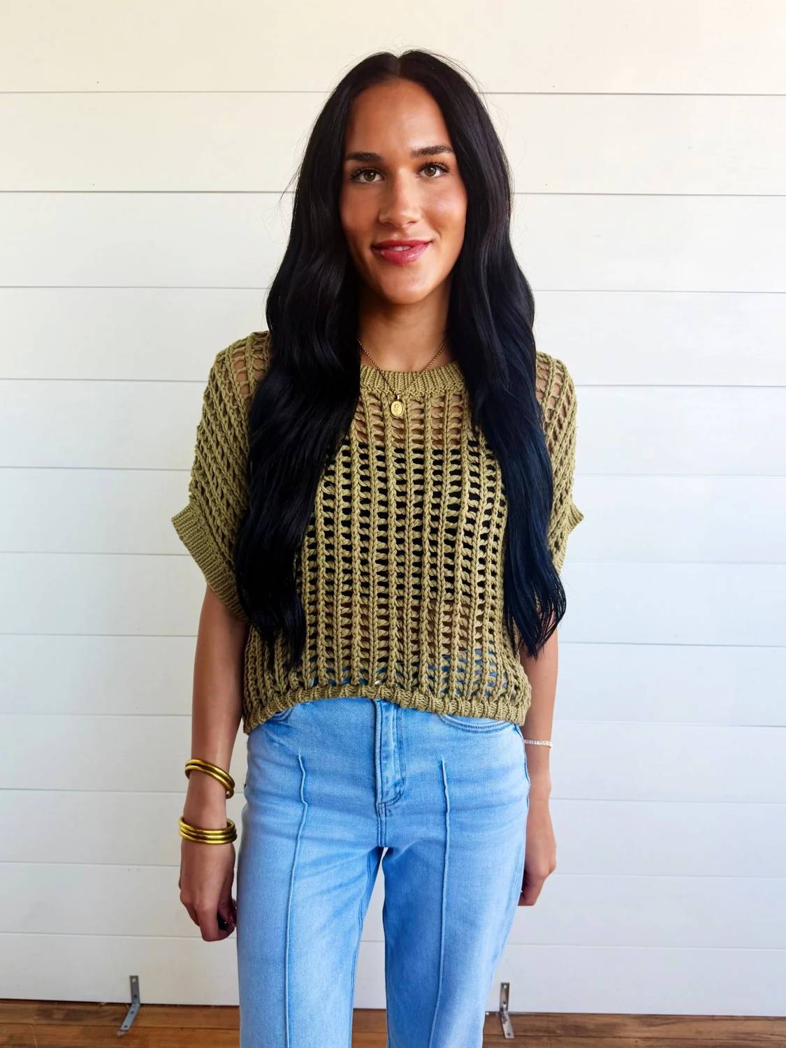 Ee:Some - Crochet Knit Short Sleeve Sweater Top