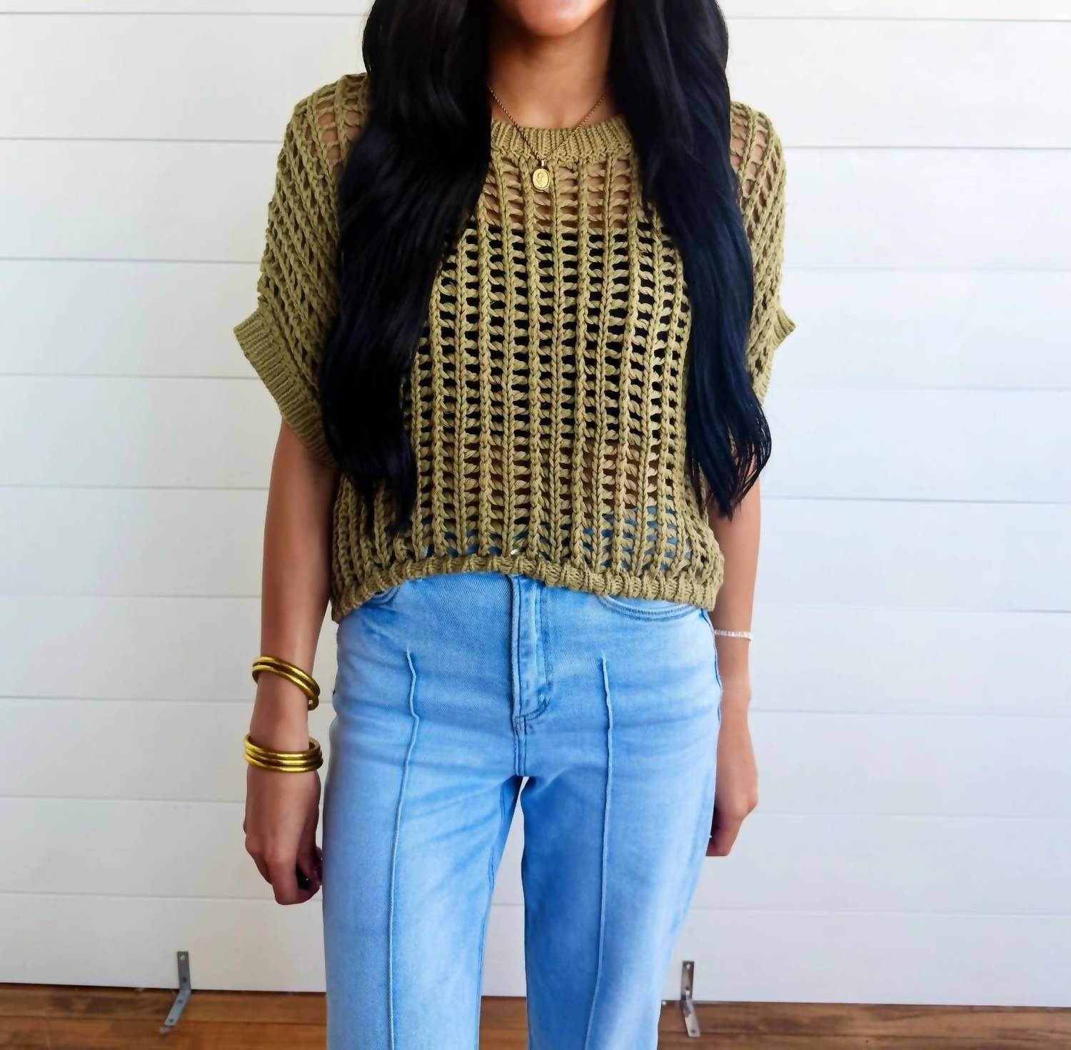 Ee:Some - Crochet Knit Short Sleeve Sweater Top