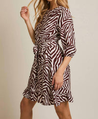 GILLI Tie Waist Mini Dress in ivory brown zebra - women's dress - alternate view