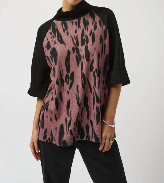 Joseph Ribkoff - Animal Print Funnel Collared 3/4 Sleeves Straight Top