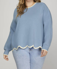 She + Sky - LONG SLEEVE SCALLOP HEM SWEATER