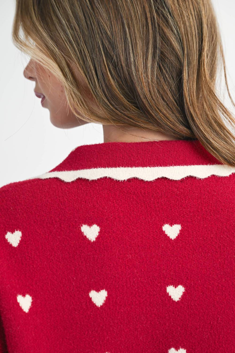 AEMI + CO Heart Pointelle Peter Pan Cardigan in red - women's cardigan - view 6
