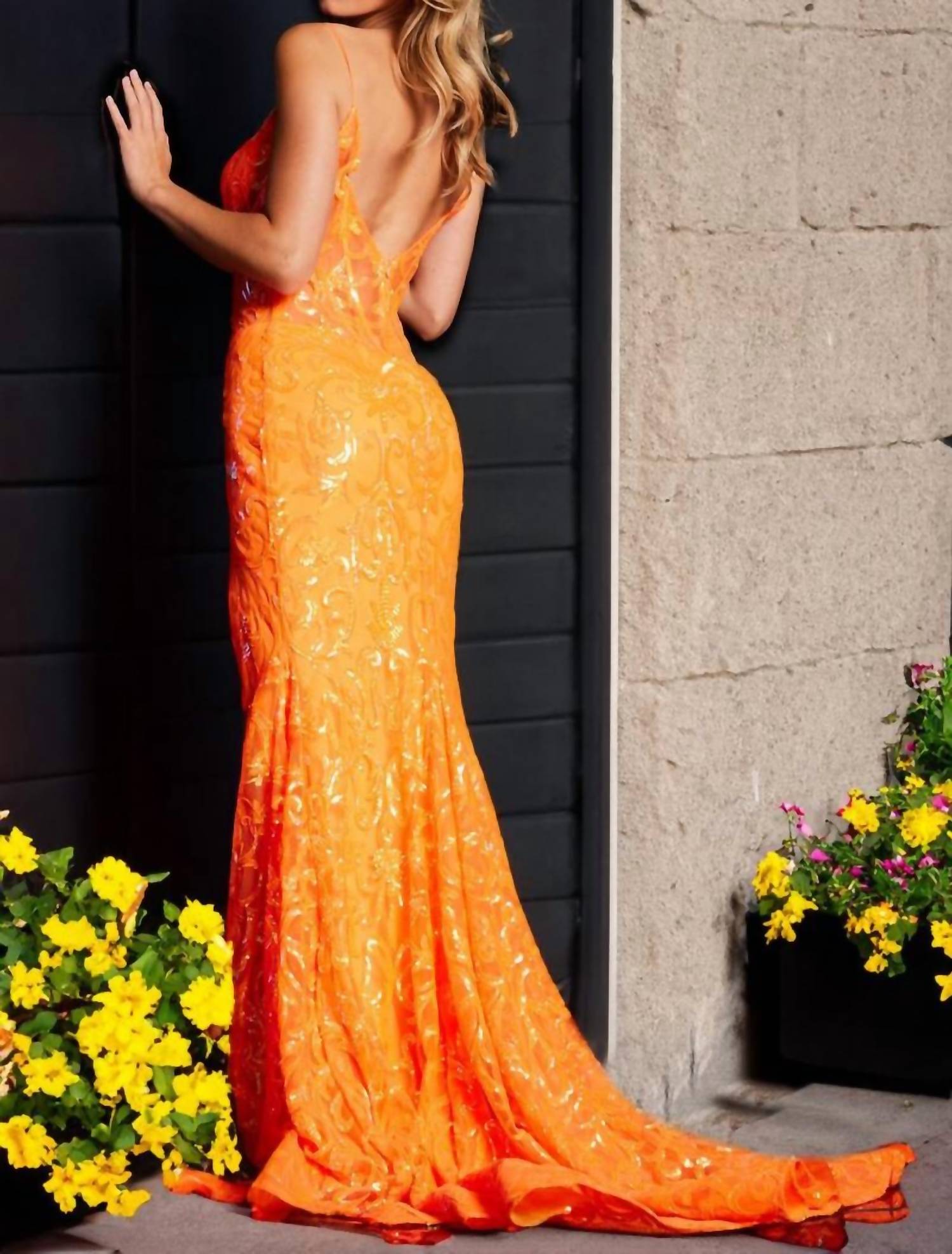 JOVANI High Slit And V-neckline Prom Dress in neon orange - women's dress - detail view
