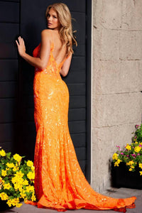 JOVANI High Slit And V-neckline Prom Dress in neon orange - women's dress - alternate view