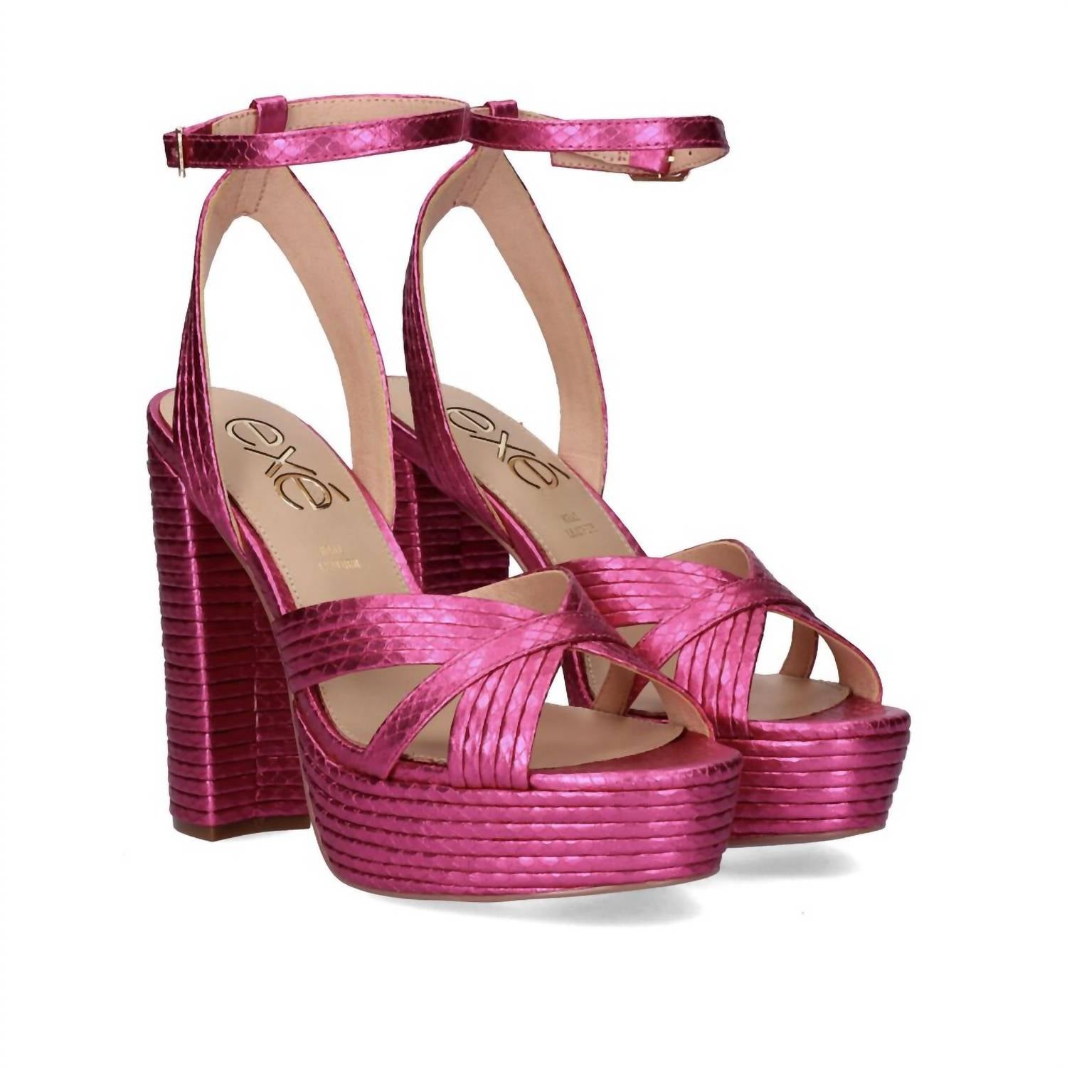 Exe Women's Ophelia Platform Block Heel in fuchsia snake - women's heels - detail view