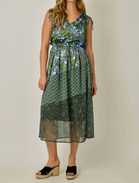 mystree Shoulder Tie Mixed Print Dress in deep emerald - women's dress