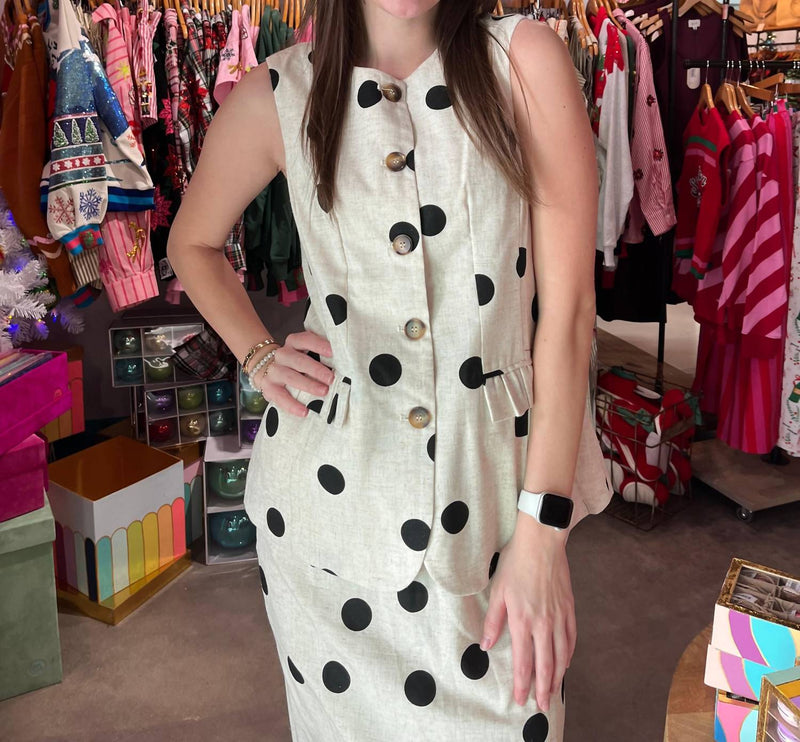 Aureum Polka Dot Linen Vest With Ruffle Pockets in ivory - women's jacket