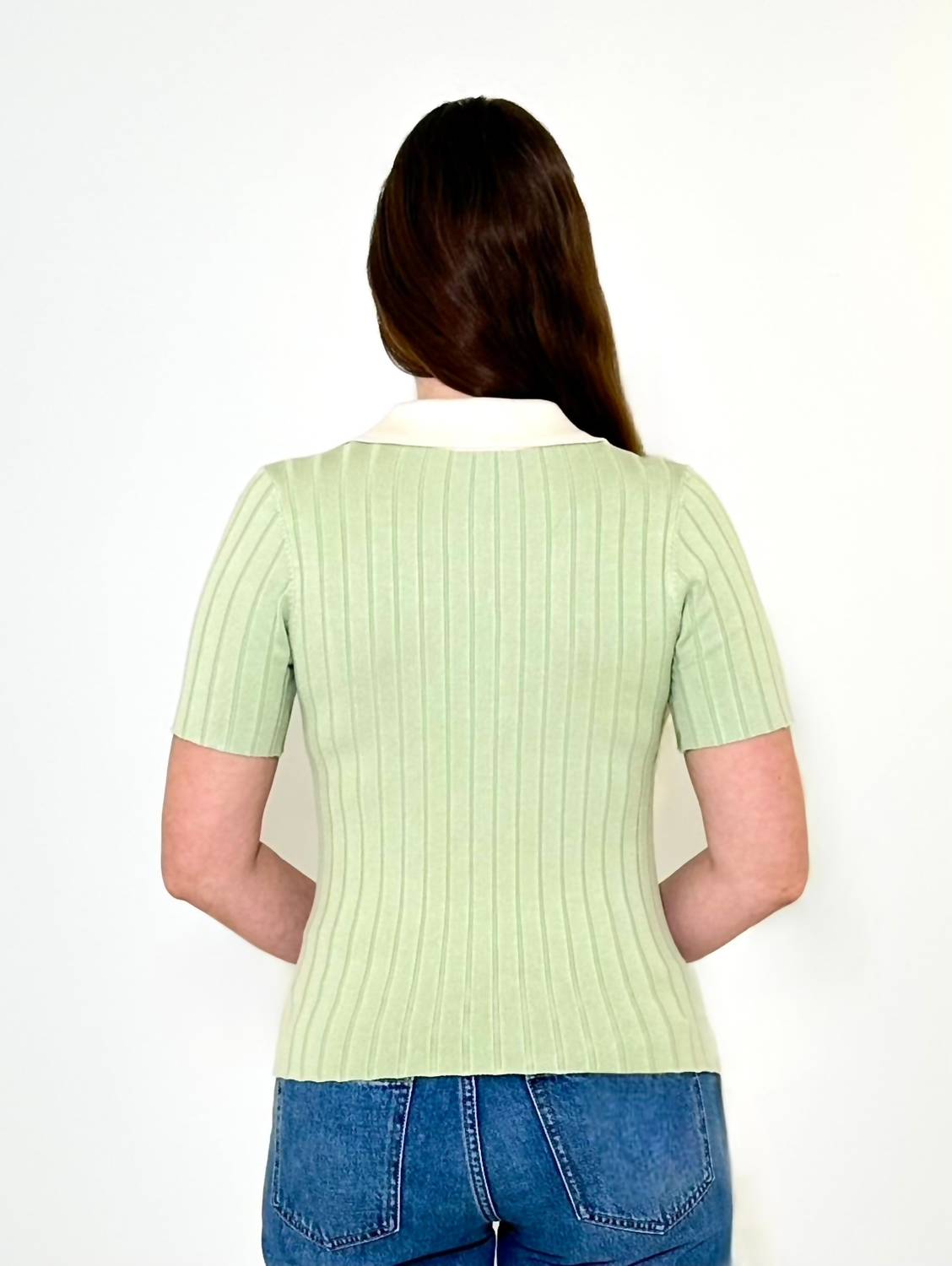 LUCY PARIS Smith Short Sleeve Polo Top in sage - women's blouse - detail view