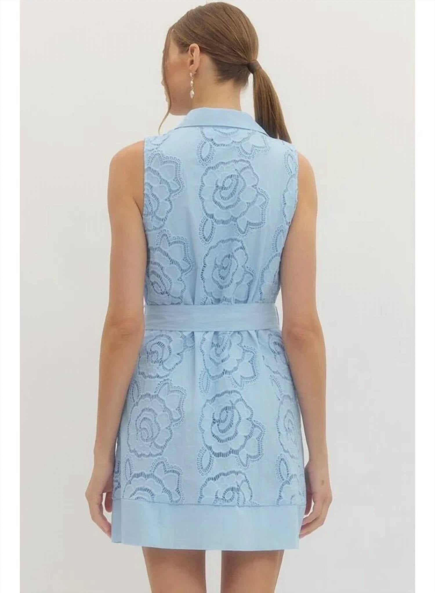 entro Floral Lace Overlay And Self Tie Belt Mini Dress in light blue - women's dress - detail view
