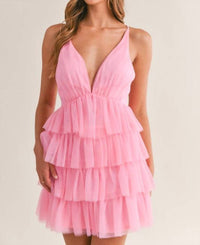 MABLE Tiered Tulle Plunge Dress in pink - women's dress