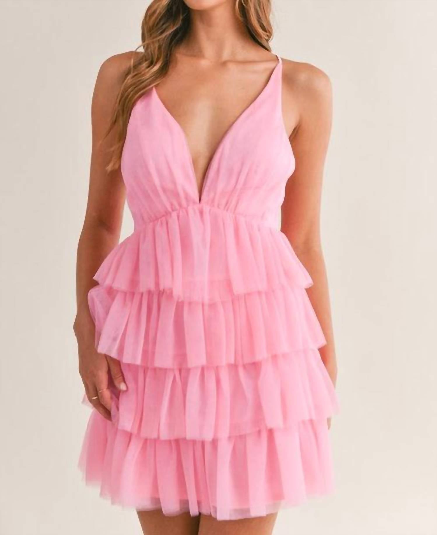 MABLE Tiered Tulle Plunge Dress in pink - women's dress