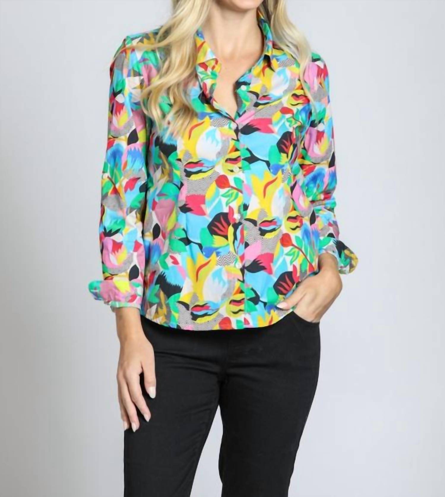 APNY Classic Button-up Shirt in bright blue multi - women's shirt