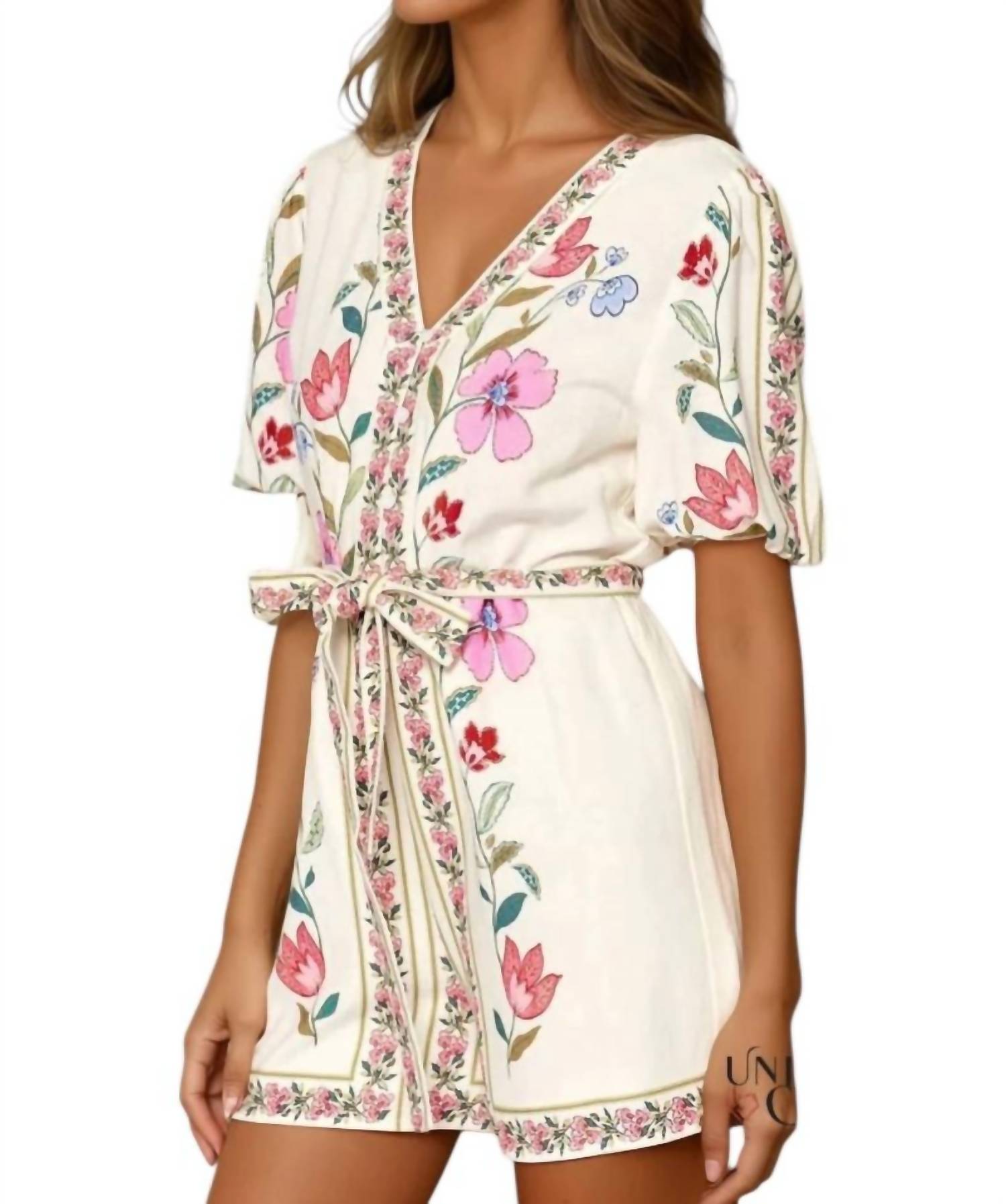 Lalavon - Rafaela Flower Print Short Puff Sleeve Romper