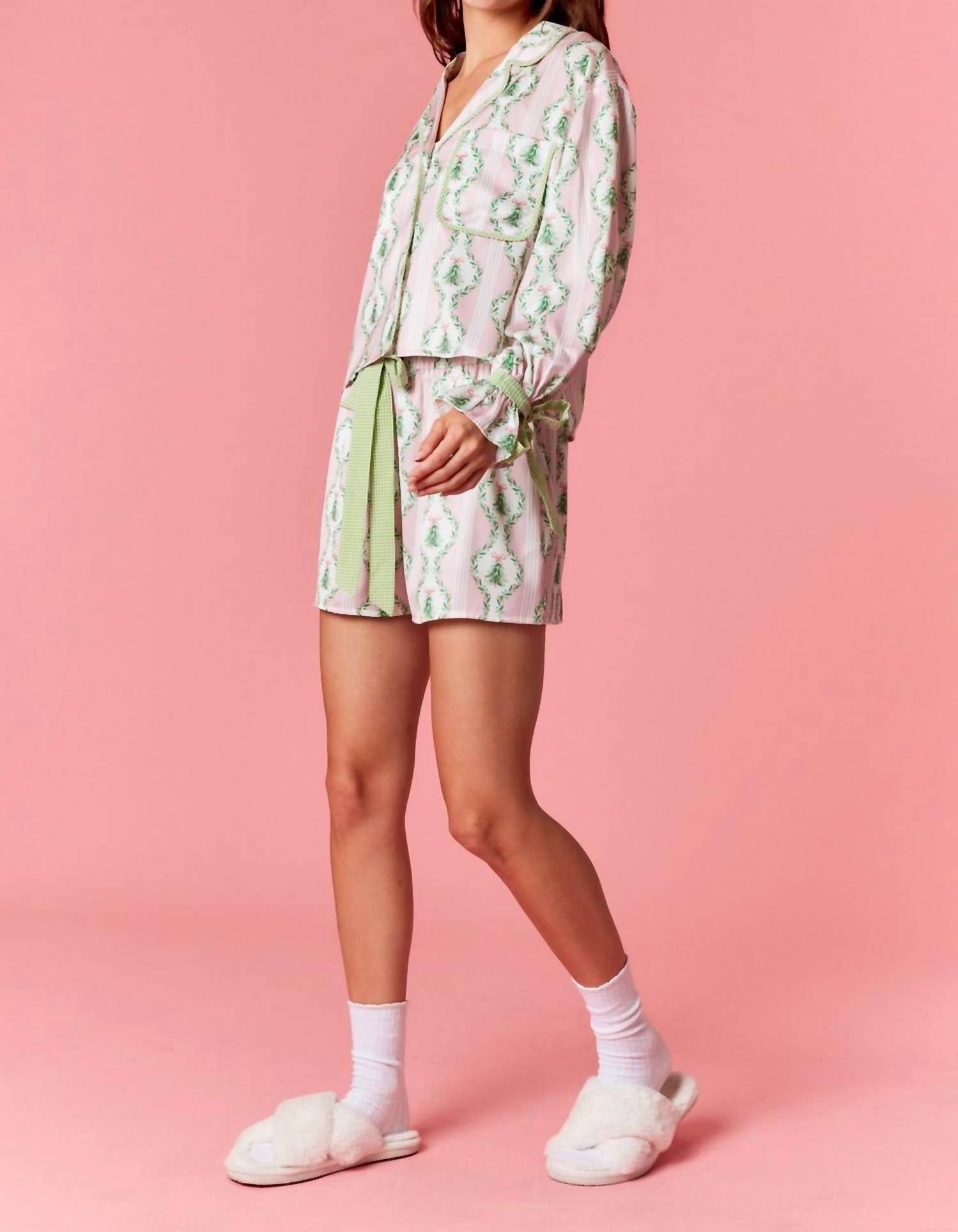 Peach Love Under The Tree Satin Christmas Pajama Set in pink green - women's sleepwear - detail view
