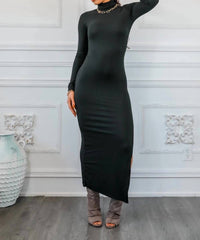 Surelymine - Turtle Neck Maxi Rib Dress With Side Slit