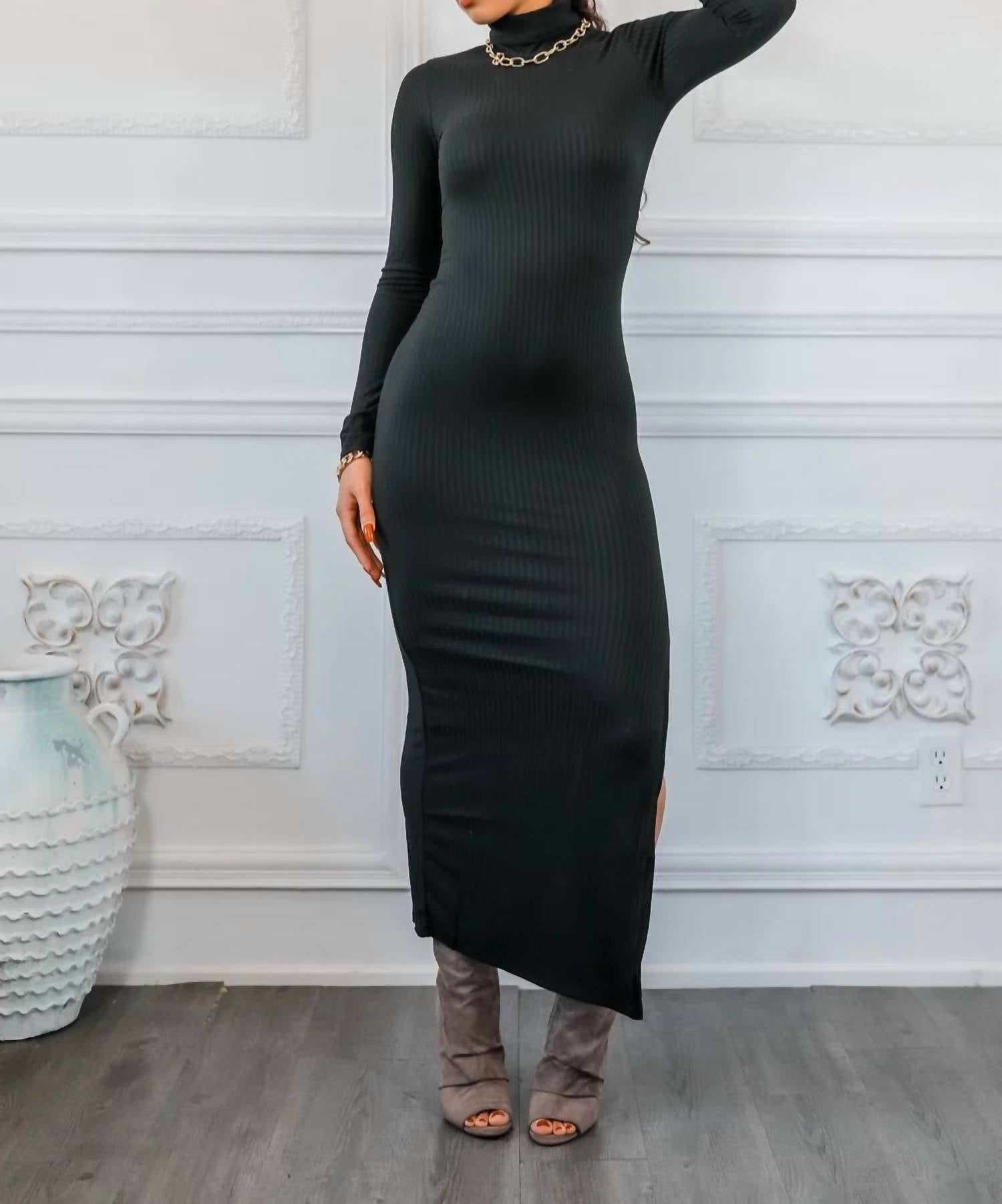 Surelymine - Turtle Neck Maxi Rib Dress With Side Slit
