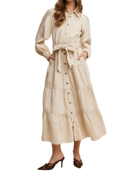 Knit & Lounge - Tiered Belted Bishop Sleeve Maxi Shirt Dress