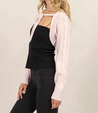 HYFVE Cable Knit Tie Front Shrug in pale pink - women's sweater - detail view